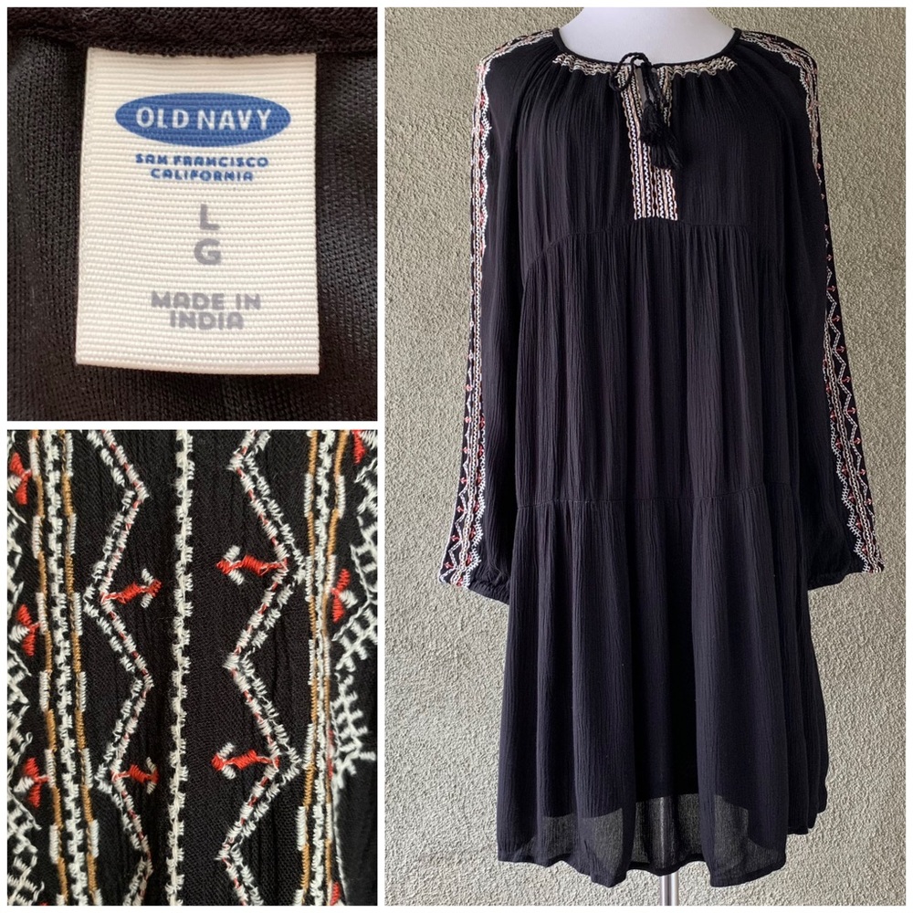 SOLD “Old Navy” Black Rayon Peasant Dress Embroidery size L